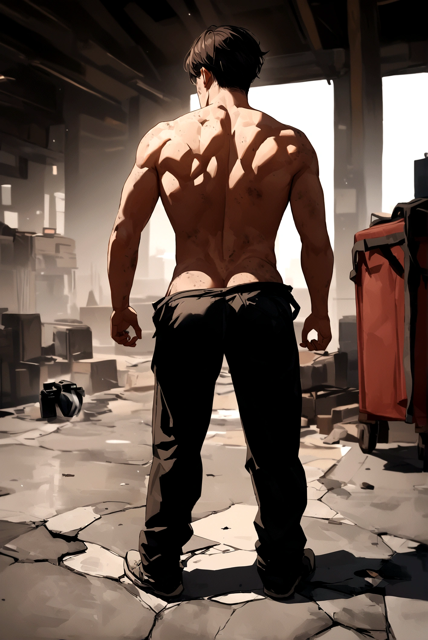 (Foto RAW de whole body), (moreno) ( man back) (very masculine body) (naked ass) (Worker) ( dirty skin) (show your ass) (T-shirt with holes and stains.) esta en la obra llevan ropa de Workers) )(Cracked cement floor), ), (8k hd), (DSLR), (natural lighting), (high quality), (film grain), (Fujifilm XT3), (whole body), (back view).