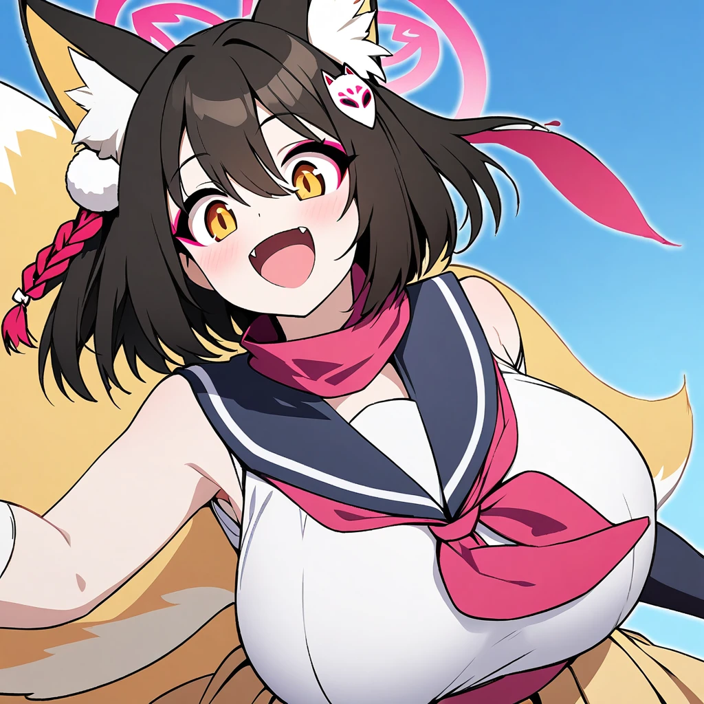 izuna(blue archive),1girl,solo,halo,open mouth,smile,fox ear,one Light brown thick tail,super huge breasts,near,face zoom,looking at viewer