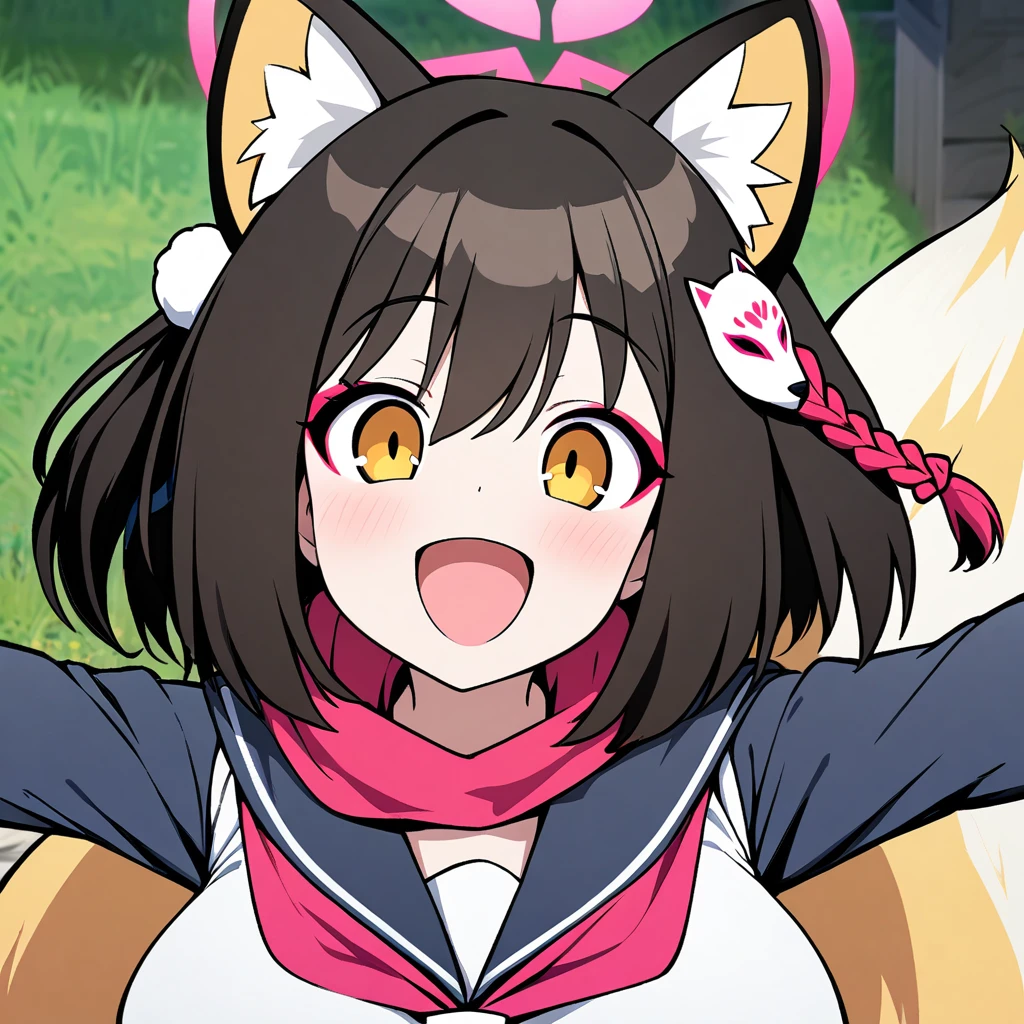 izuna(blue archive),1girl,solo,halo,open mouth,smile,fox ear,one Light brown thick tail,super huge ,near,face zoom,looking at viewer