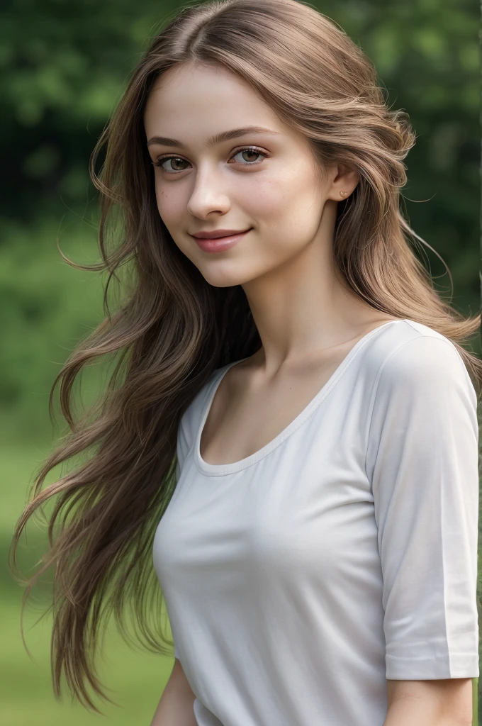 (masutepiece), Stunning intricate real camera portrait of Dasha Taran in white t-shirt, masutepiece, Best Quality, Unity 8k Wallpaper, ((Photorealistic:1.4)), Ultra-detail, Extremely detailed, elegant, Beautiful, romanticism, 1girl in, enticing,(Closed smile), pale skin, ((Brown eyes)), Black Long Hair, (hair blowing in wind), ((detailed hairs)), Front shot, Face Focus, Film grain, Fuji XT3, Realistic pores_skin,Solid background#fff5ee,Diamond Necklace