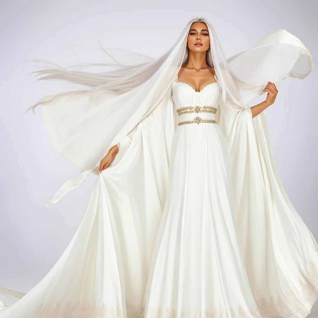 A beautiful female emperor, crystal clear skin, beautiful appearance, deep wisdom in her eyes, as if she has seen through everything in the world, dressed in a gorgeous white robe, holding a long sword, dancing robes in the breeze and silver hair fluttering in the wind, the white robe perfectly outlines the graceful figure, the demeanor is gentle and idyllic, like a flawless fairy
