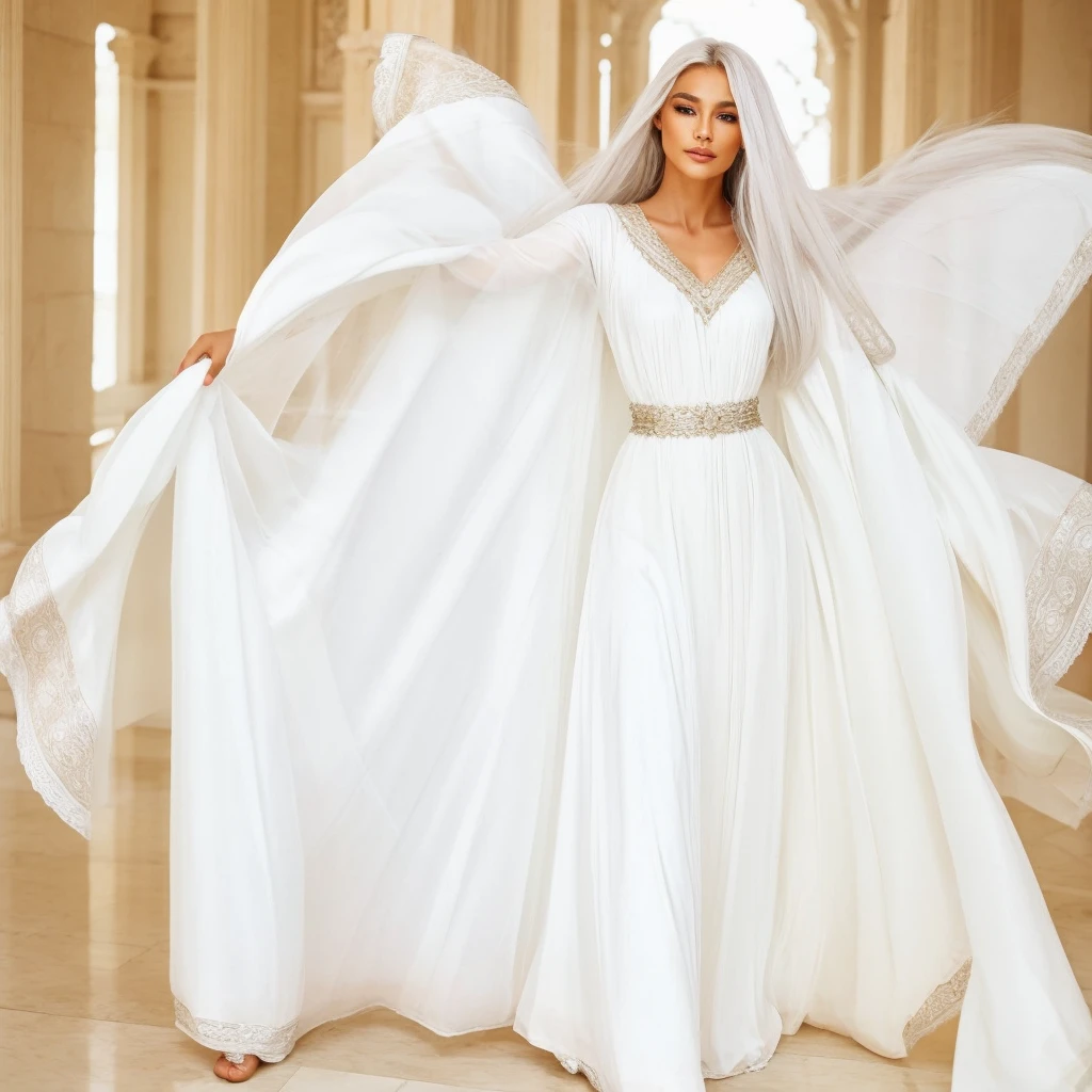 A beautiful female emperor, crystal clear skin, beautiful appearance, deep wisdom in her eyes, as if she has seen through everything in the world, dressed in a gorgeous white robe, holding a long sword, dancing robes in the breeze and silver hair fluttering in the wind, the white robe perfectly outlines the graceful figure, the demeanor is gentle and idyllic, like a flawless fairy