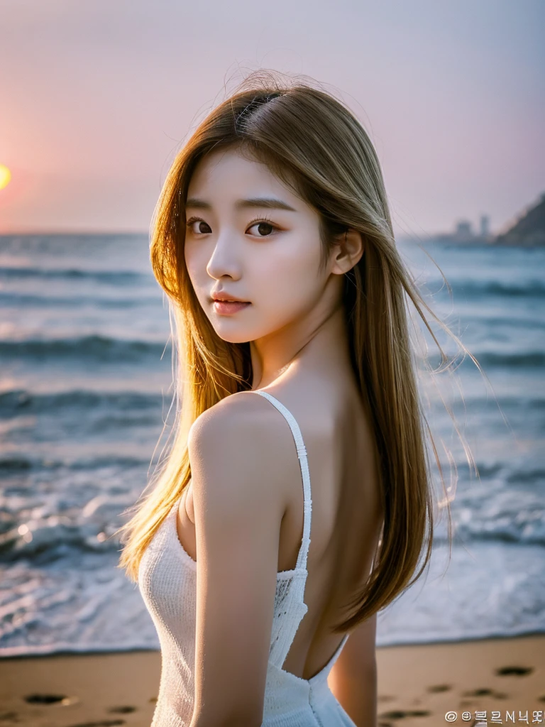 A young South Korean woman aged 24, she has a small, well-proportioned face with delicate features.
Her eyes are large and expressive, with double eyelids and a captivating gaze. Her nose is thin and well defined.
Her lips are full and well-drawn.
Her long, straight hair is a shade of blonde that matches her appearance.
Her skin is clear and smooth. Her body is of medium height and slim, with a graceful figure.
As she walks along the beachfront at sunset in Jeju, her black dress sways in the wind.