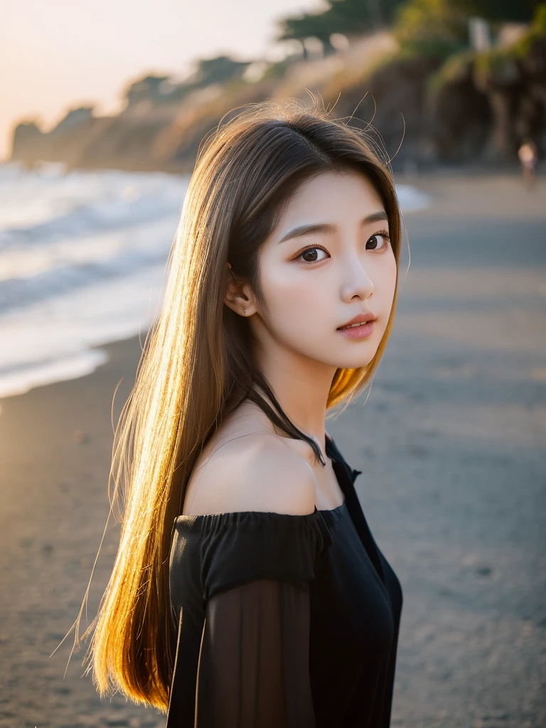 A young South Korean woman aged 24, she has a small, well-proportioned face with delicate features.
Her eyes are large and expressive, with double eyelids and a captivating gaze. Her nose is thin and well defined.
Her lips are full and well-drawn.
Her long, straight hair is a shade of blonde that matches her appearance.
Her skin is clear and smooth. Her body is of medium height and slim, with a graceful figure.
As she walks along the beachfront at sunset in Jeju, her black dress sways in the wind.