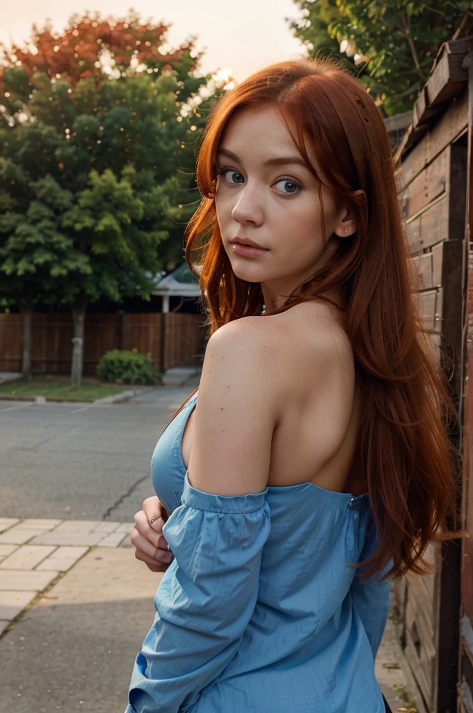 selfie of a beautiful and young woman. She is swedish. She is 20. Large eyes, large lips, small nose. Looks like Christina Hendricks. red copper hair. blue eyes. busty. fit girl. blouse. cleavage. booty. from the back. evening. outdoor. lofi photo taken with iPhone