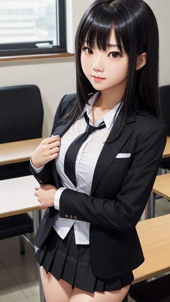 Tabletop、highlight、Asian woman、Black Hair、Heavy bangs、high school girl、blazer、skirt、Gazing Eyes、Support your chest with your arms、