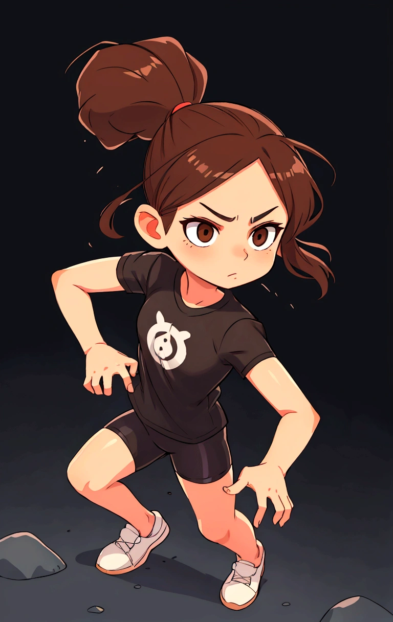 Brown hair tucked into a ponytail, brown eyes, blank look, fair skin, black T-shirt and bike shortsgacha, full body  