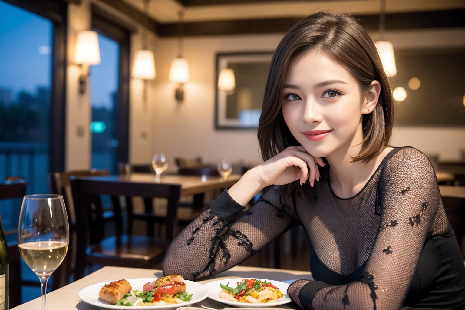 ((Highest quality、8K、masterpiece:1.3))、slimカップル、modelカップル、(Realistic, Intricate details:1.2), full-course dinner、Wine Party、Amazing view of the sunset sky and clouds、A bright smile、The wonderfulness of smile、Bright image、The beauty of wine, Beautiful Face, blue eyes, The light shines on your face, Blushing, short hair,Bright Face、 (Age 37), 39 years old, red wine 、Appetizers、Italian food、Wine bottle、Champagne、sparkling wine、Two beauties、Brown Hair、Shortcuts、Long sleeve shirt、dress、Beautiful woman 1, (slimな顔), (The body is slim), (Brown Hair), (Shortcuts), cheeks turn a little red,Attractive beauty、restaurant, In a prominent place (From the waist up) Nova Frog Style, actress, model, Upper Body, White wine, slim, wine glass, 中央に置かれたwine glass, smile, (smile: 1.15), Beautiful fine grain, Depth f/2,saturation, High Contrast, Strong light and shadow,Moist Body:1.5、3D texture、Delicate eyes、Brown Hair、The hair is very shiny、