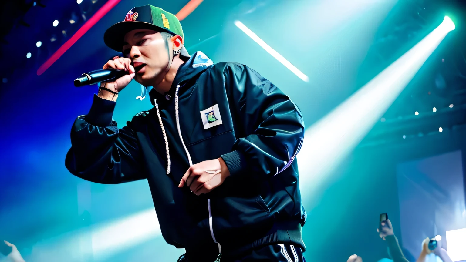 Create an illustration of a Japanese male rapper to accompany a Japanese rap song about the cryptocurrency Solana. The rapper should have a modern, urban style with futuristic elements, such as sleek clothing and accessories. Incorporate colors from the Solana logo, primarily blue and green, into his outfit and background. The rapper should have a confident and energetic expression, with a microphone in hand and a dynamic pose that reflects the energetic nature of the song. Include some elements that symbolize speed and efficiency, such as digital lines or motion graphics. Ensure that the rapper has distinctly Japanese features and style.