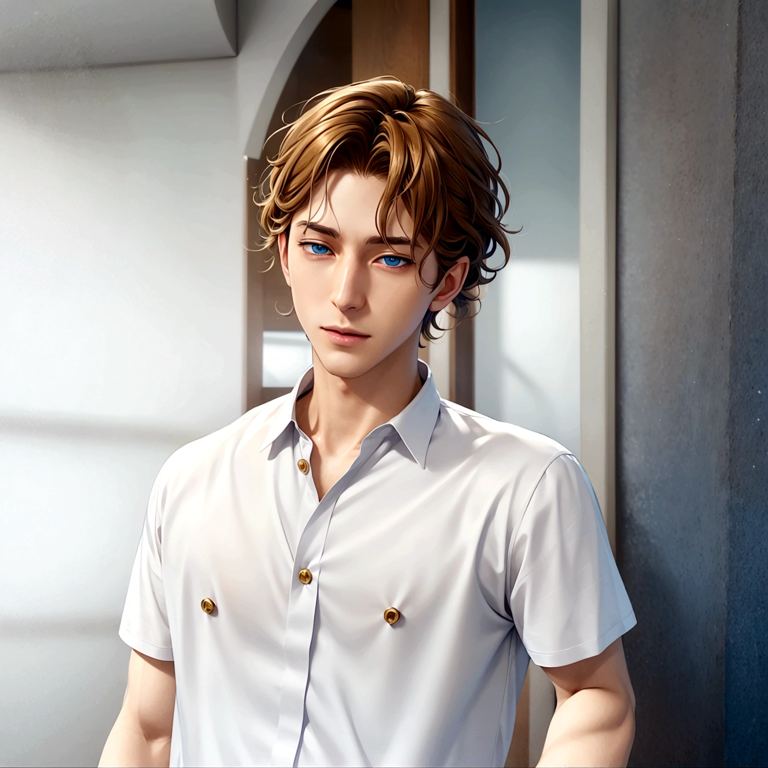 Golden hair color、Anime boy in blue shirt, Tall anime guy with blue eyes, Semi-realistic anime, In games, Smooth anime CG art, Anime Handsome Man, Semi-realistic anime, main character, Inspired by Hisui Sugiura, Male Anime Characters, He has short, curly brown hair, Visual Novel CG, Male characters, Young Anime Guy