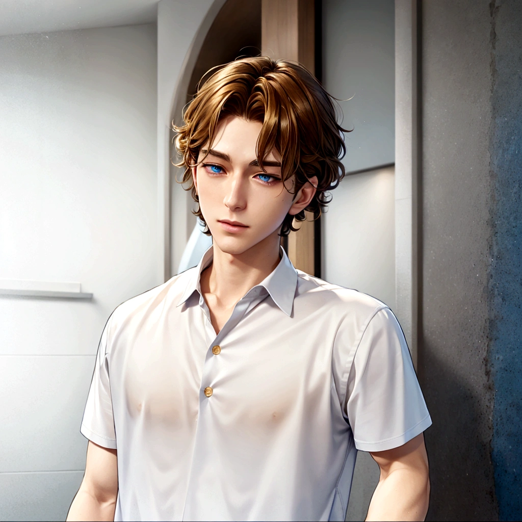 Golden hair color、Anime boy in blue shirt, Tall anime guy with blue eyes, Semi-realistic anime, In games, Smooth anime CG art, Anime Handsome Man, Semi-realistic anime, main character, Inspired by Hisui Sugiura, Male Anime Characters, He has short, curly brown hair, Visual Novel CG, Male characters, Young Anime Guy