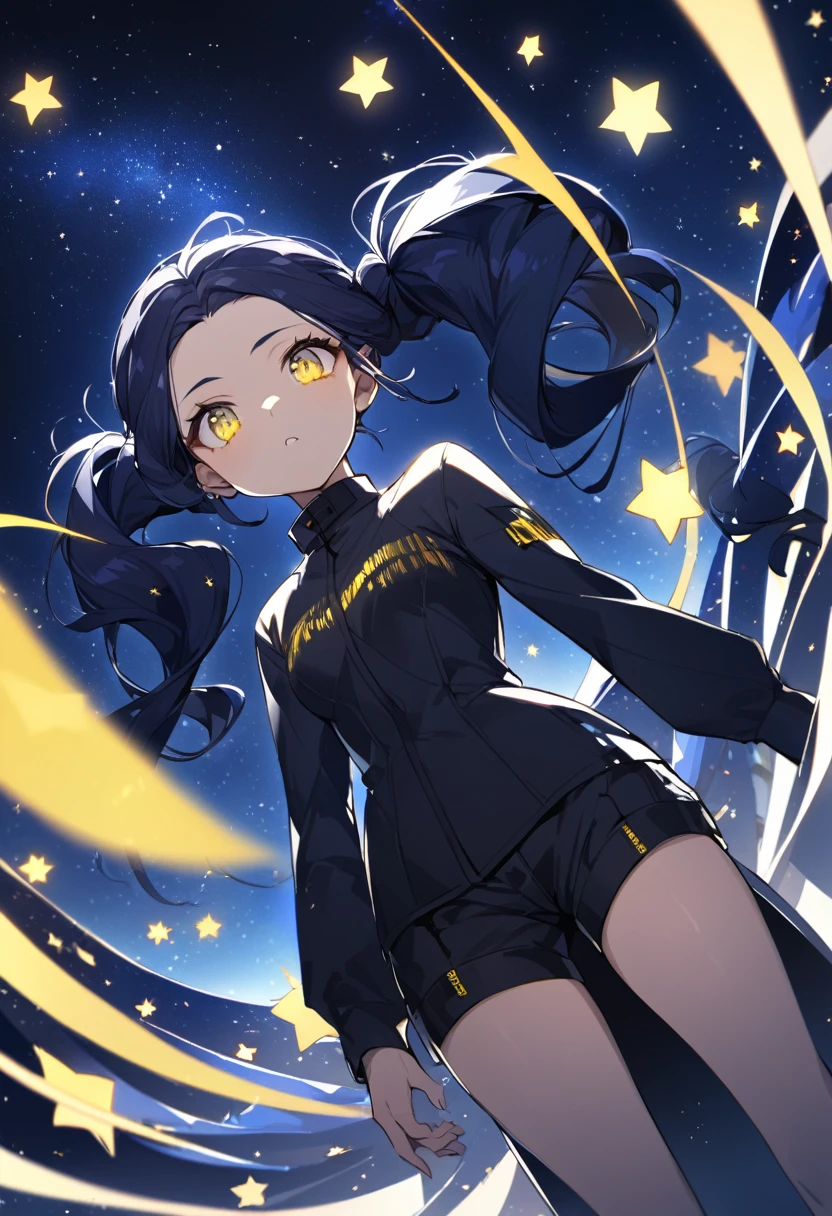 (One person,Very tall woman,Dark navy blue hair,Her hairstyle is twin tails that expose her forehead.,Medium chest,yellow eyes,Sharp Eye,Black Techwear,Shorts,Dynamic Angle,The background is a starry night)