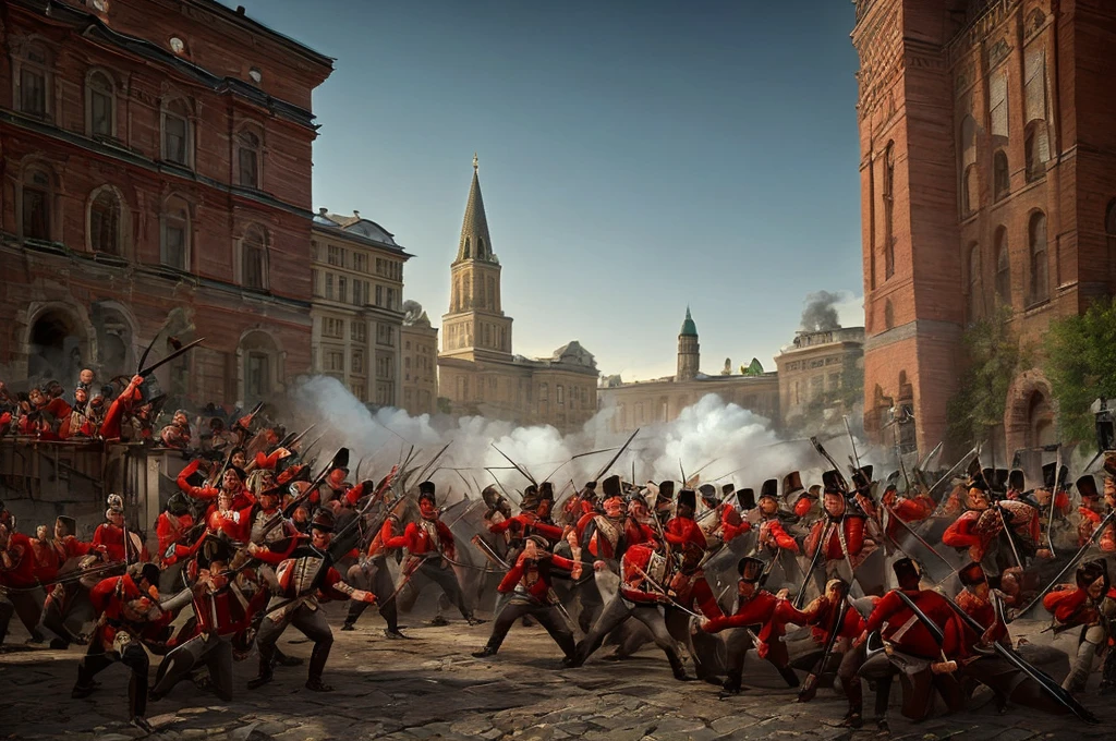 battle, siege, redcoats, in the Moscow Red Square, [The characters (FULL BODY) are surrounded by mist, evoking a mysterious and eerie atmosphere. The lighting is dark and atmospheric, with a red smoke adding a touch of sinister ambiance. The image is of the best quality, with a resolution of 4k and HDR enhancement, showcasing the utmost level of detail and realism, sfw, full body shot:1.5]. [8K, Best Quality, Masterpiece, Ultra High Resolution, (highly detailed CG unity 8k wallpaper), (best photo), (best shadows), isometric 3D, octane rendering, ray tracing, highly detailed, (Best quality, 4K, 8k, A high resolution, masterpiece:1.2), absurdity, ultra detailed, (realistic, photorealistic, photorealistic:1.37), complex parts, HDR, (complex parts:1.12), (hyper detailed, hyper realistic, Soft lighting, spicy:1.2), (complex parts, Hyper detailed:1.15). Blurred foreground. (backlit), realistic, masterpiece, high quality, brightness, chromatic aberration, 8k uhd, some smoke, shadows, contrast, clear sky, (warm hue, warm tone), high details, natural reflections]. 