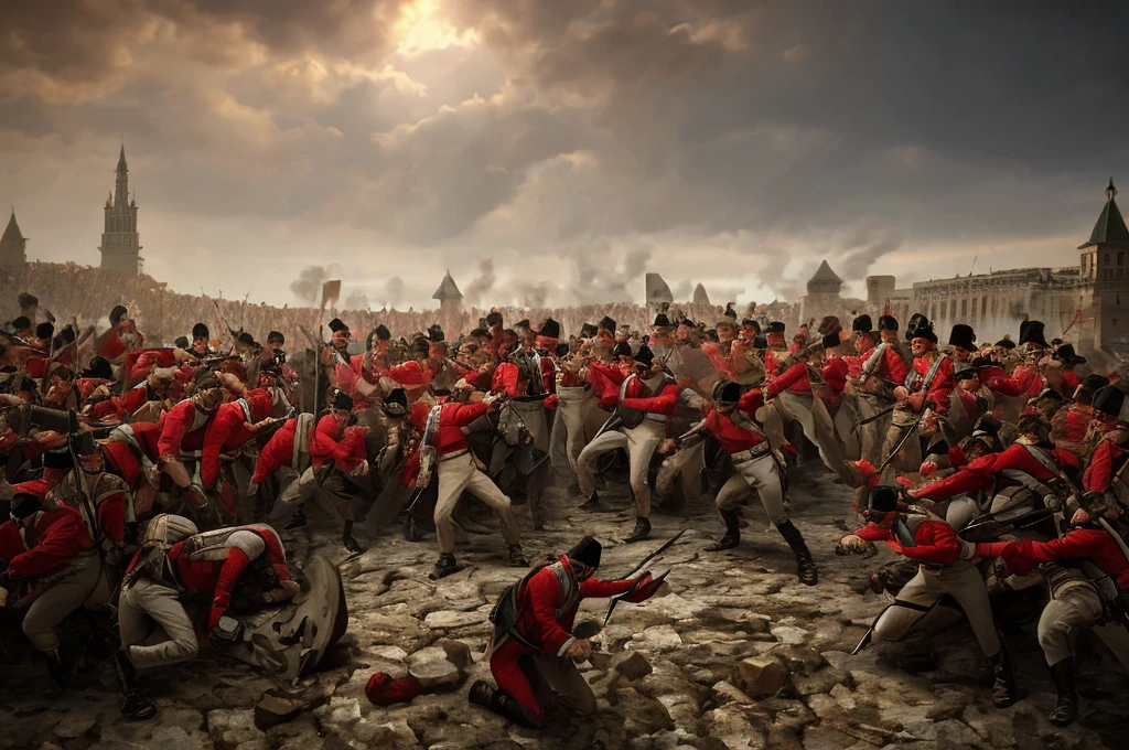 battle, siege, redcoats, in the Moscow Red Square, [The characters (FULL BODY) are surrounded by mist, evoking a mysterious and eerie atmosphere. The lighting is dark and atmospheric, with a red smoke adding a touch of sinister ambiance. The image is of the best quality, with a resolution of 4k and HDR enhancement, showcasing the utmost level of detail and realism, sfw, full body shot:1.5]. [8K, Best Quality, Masterpiece, Ultra High Resolution, (highly detailed CG unity 8k wallpaper), (best photo), (best shadows), isometric 3D, octane rendering, ray tracing, highly detailed, (Best quality, 4K, 8k, A high resolution, masterpiece:1.2), absurdity, ultra detailed, (realistic, photorealistic, photorealistic:1.37), complex parts, HDR, (complex parts:1.12), (hyper detailed, hyper realistic, Soft lighting, spicy:1.2), (complex parts, Hyper detailed:1.15). Blurred foreground. (backlit), realistic, masterpiece, high quality, brightness, chromatic aberration, 8k uhd, some smoke, shadows, contrast, clear sky, (warm hue, warm tone), high details, natural reflections]. 