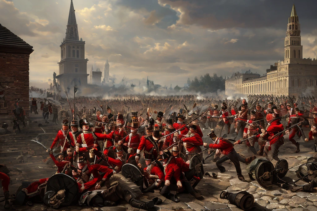 battle, siege, redcoats, in the Moscow Red Square, [The characters (FULL BODY) are surrounded by mist, evoking a mysterious and eerie atmosphere. The lighting is dark and atmospheric, with a red smoke adding a touch of sinister ambiance. The image is of the best quality, with a resolution of 4k and HDR enhancement, showcasing the utmost level of detail and realism, sfw, full body shot:1.5]. [8K, Best Quality, Masterpiece, Ultra High Resolution, (highly detailed CG unity 8k wallpaper), (best photo), (best shadows), isometric 3D, octane rendering, ray tracing, highly detailed, (Best quality, 4K, 8k, A high resolution, masterpiece:1.2), absurdity, ultra detailed, (realistic, photorealistic, photorealistic:1.37), complex parts, HDR, (complex parts:1.12), (hyper detailed, hyper realistic, Soft lighting, spicy:1.2), (complex parts, Hyper detailed:1.15). Blurred foreground. (backlit), realistic, masterpiece, high quality, brightness, chromatic aberration, 8k uhd, some smoke, shadows, contrast, clear sky, (warm hue, warm tone), high details, natural reflections]. 