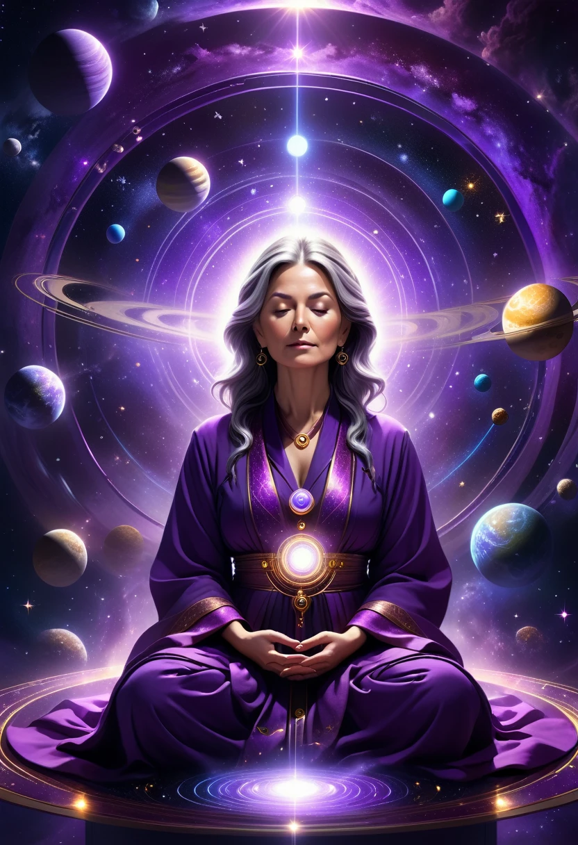 correct anatomy: 1.5, a beautiful mature female astrologer in a deep purple hooded robe, eyes closed in meditation, in a dimly lit room, mechanical, cyberpunk