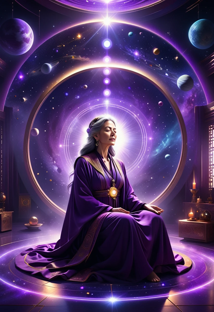 correct anatomy: 1.5, a beautiful mature female astrologer in a deep purple hooded robe, eyes closed in meditation, in a dimly lit room, mechanical, cyberpunk