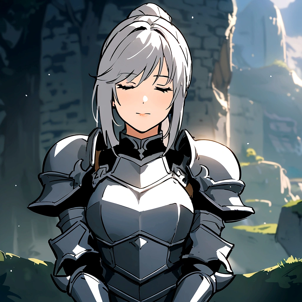 Beautiful girl knight in armor, Gray Hair, fantastic, Face your body forward like a certificate photo, shoot from front, Ponytail, Armor Girl, beautiful female knight, Female Paladin, upper body shot, drawing both arms, closed eyes