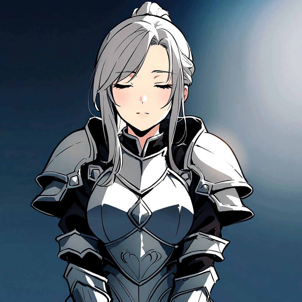 Beautiful girl knight in armor, Gray Hair, fantastic, Face your body forward like a certificate photo, shoot from front, Ponytail, Armor Girl, beautiful female knight, Female Paladin, upper body shot, drawing both arms, closed eyes