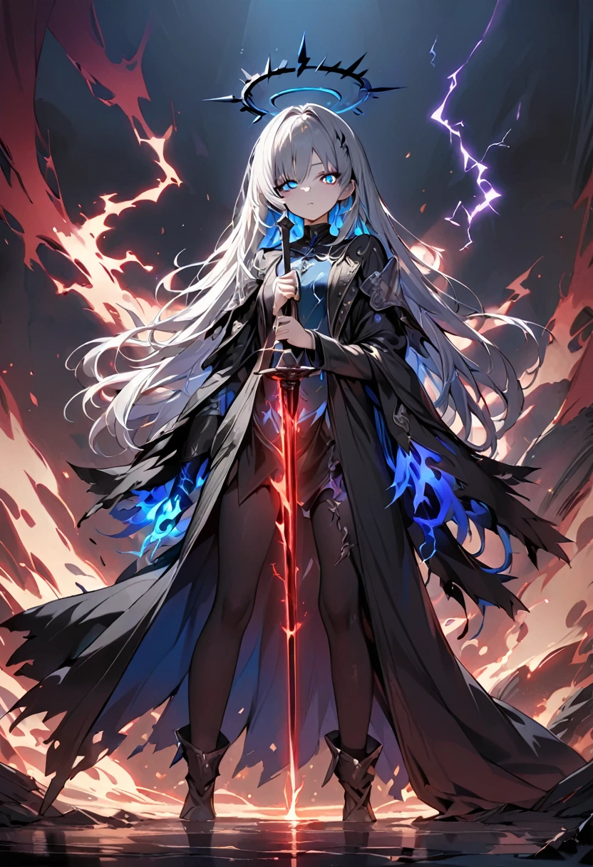 elementary, Shadow Surrounding Girl, lightning, Green Aura, Red aura, Purple aura, Flames surrounding the girl, masterpiece, Dark Theme, Highest quality, Maximum details, Very fine eye, Professional coloring, cinematic lightning, Remaining, Written boundary depth, Backlight, One Girl, Young girl, Silver Hair, Long Hair, Black glowing halo, Shining blue sea, Blue Flame, Fantasy style costumes, Black long coat, shirt, Black trousers, Swinging a thin black long sword, Expressionless, Purple left eye and blue right eye, Odd Eye, Glowing Eyes