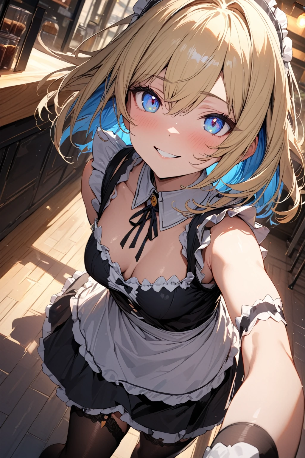 masterpiece, best quality, extremely detailed face, extremely detailed,
sexy girl, solo, blonde hair, (blue inner hair:1.1), medium hair, blue eyes, bright eyes, maid uniform, white high neck collar, sleeveless, mini skirt, garter rings, black tights, playful smile, perfect lighting, best angle, cafe