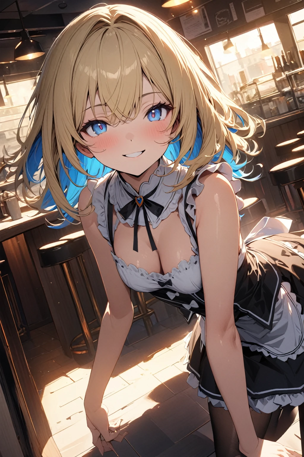 masterpiece, best quality, extremely detailed face, extremely detailed,
sexy girl, solo, blonde hair, (blue inner hair:1.1), medium hair, blue eyes, bright eyes, maid uniform, white high neck collar, sleeveless, mini skirt, garter rings, black tights, playful smile, perfect lighting, best angle, cafe