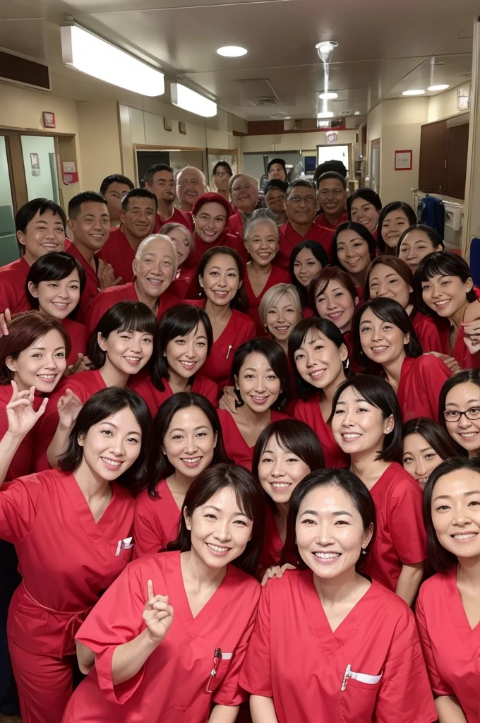 Dental hygienists, side by side, smiling, wearing fluorescent red medical scrubs, Japanese, harmonious々 Group photo Old men and women Elderly gathering Ugly