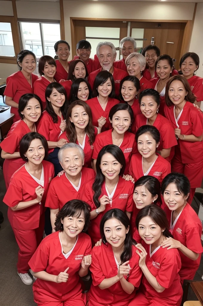 Dental hygienists, side by side, smiling, wearing fluorescent red medical scrubs, Japanese, harmonious々 Group photo Old men and women Elderly gathering Ugly