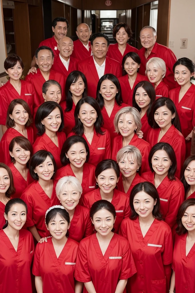 Dental hygienists, side by side, smiling, wearing fluorescent red medical scrubs, Japanese, harmonious々 Group photo Old men and women Elderly gathering Ugly