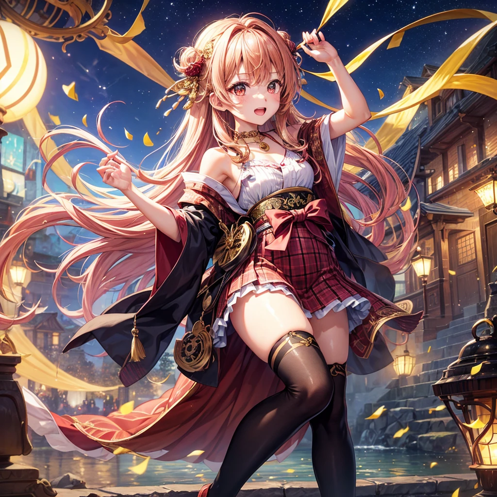 Pink, red, brown, gold, gold hair、Red gold eyes、Hair tied up、One good looking girl、solo、anime、Checkered mini skirt、Ruffles on the skirt、Checked dress、blouse、Kimono、Black knee-high socks、Ribbon、Ribbon on waist、Teeth are visible、Sparkly Necklace、From above、Cobblestones、waterfall、Starry Sky、Midnight Moon、suspension bridge、beam、Standing still、Transparent、Dragon flying、goddess、Edo、Confetti、Kicking