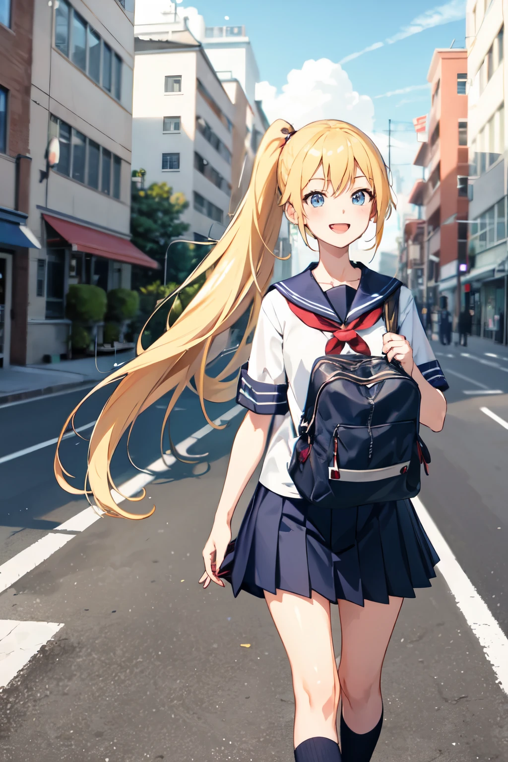 A cheerful anime girl with long, flowing blonde hair styled in a ponytail is walking home from school. She wears a sailor uniform.
