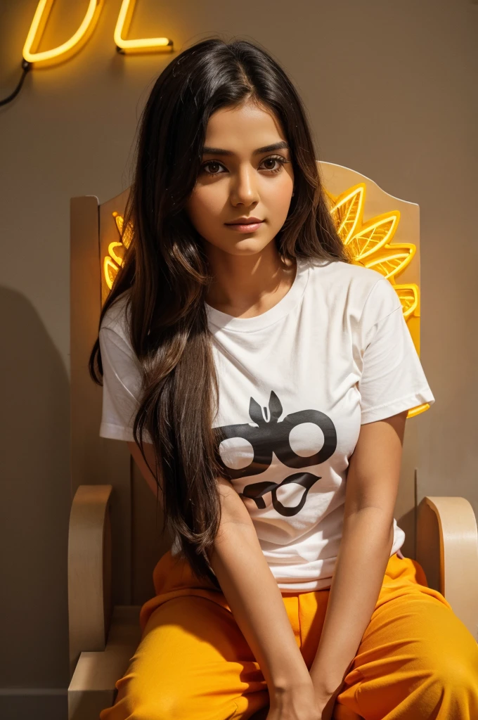 Create a 3D illustration for a profile picture where a 30 year old boy's mom is sitting on king throne with casually western dress and long hair. The boy is worshiping his mom. Boy is wearing a yellow T shirt. Name is written " KRISHU " on boy t shirt. and also in Big and bold orange Neon light fonts written " I Love mom " on the brown wall. She has no shadow and there are realistic neon wings to make it appear as if she is an angel.