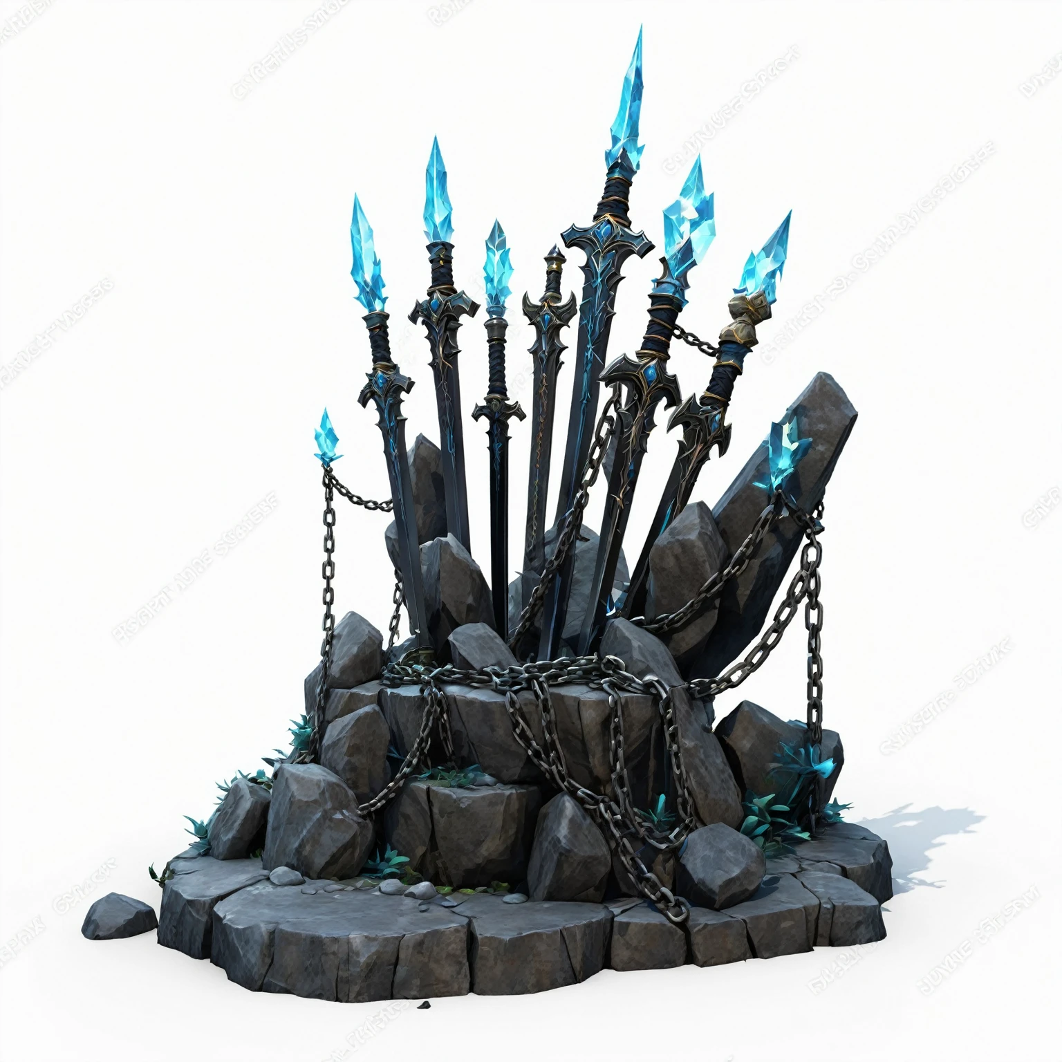 There are many swords on the rock,There are chains around it, , 3D game objects, , 3d game art, 3D Game Art, Game assets