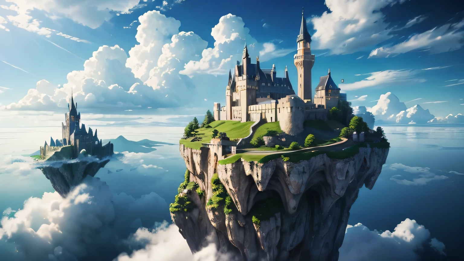 masterpiece、Highest quality、High resolution、Follow the prompts、Floating Island、Realistic、European-style stone castle、sea of clouds