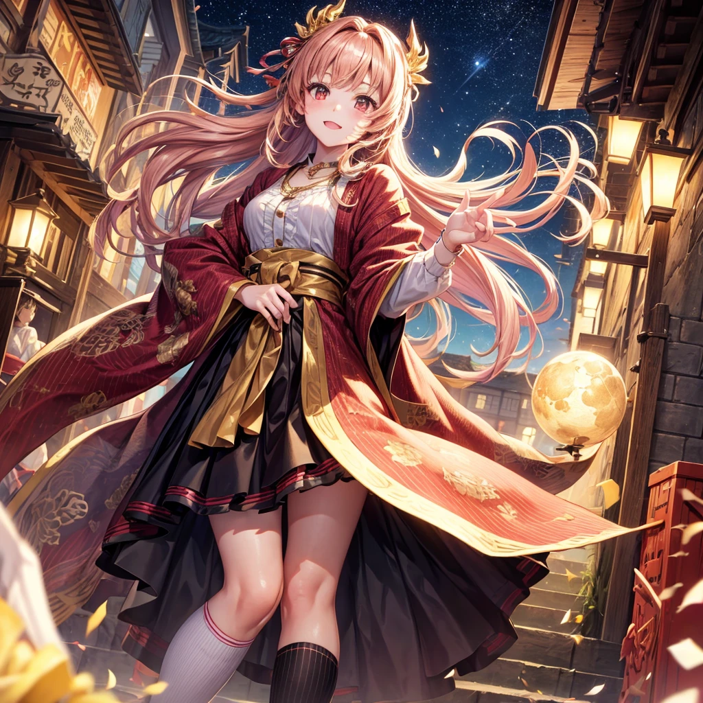 Pink, red, brown, gold, gold hair、Red gold eyes、Hair tied up、One good looking girl、solo、anime、Checkered mini skirt、Ruffles on the skirt、Checked dress、blouse、Kimono、Black knee-high socks、Ribbon、Ribbon on waist、Teeth are visible、Sparkly Necklace、From above、Cobblestones、waterfall、Starry Sky、Midnight Moon、suspension bridge、beam、Standing still、Transparent、Dragon flying、goddess、Edo、Confetti、Kicking