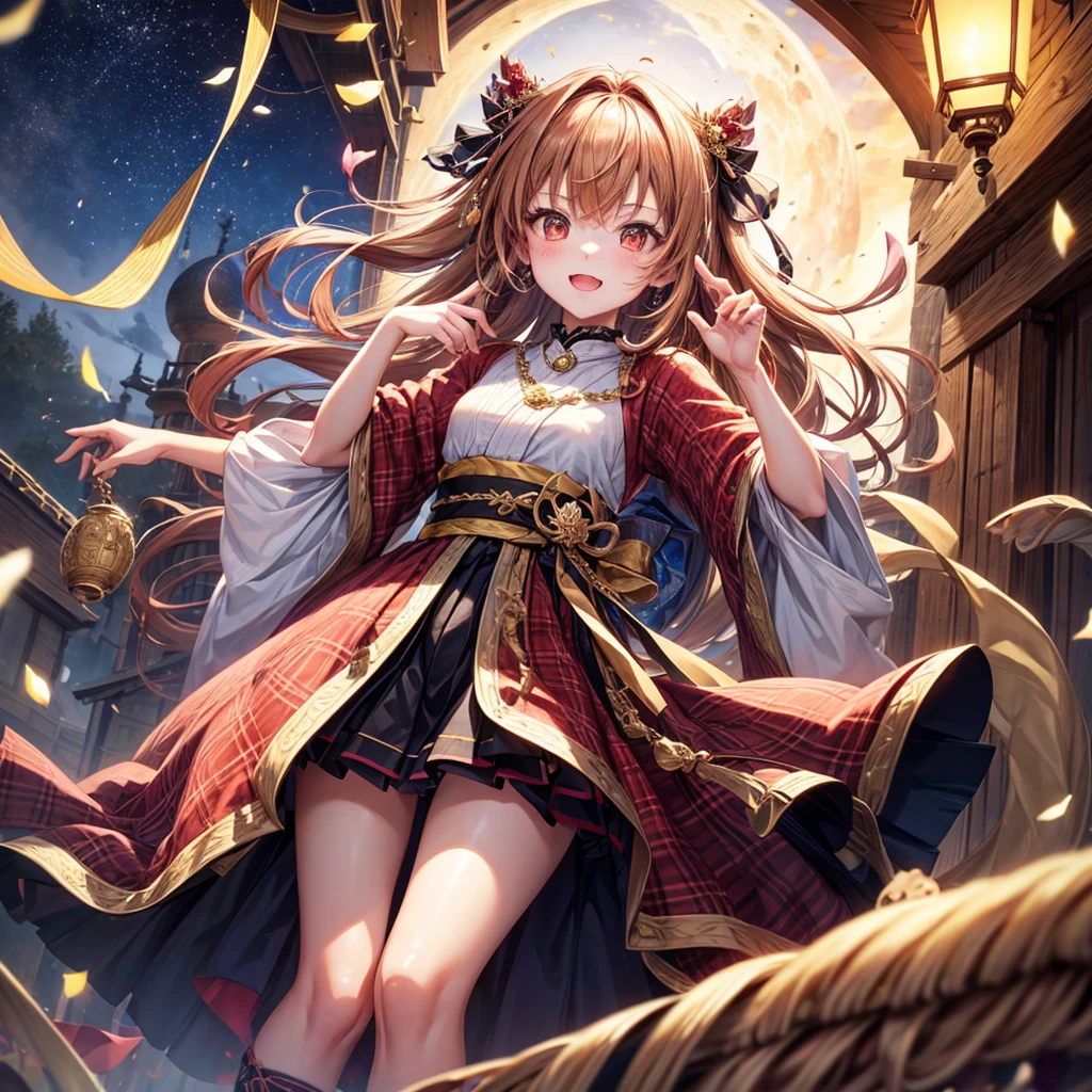 Pink, red, brown, gold, gold hair、Red gold eyes、Hair tied up、One good looking girl、solo、anime、Checkered mini skirt、Ruffles on the skirt、Checked dress、blouse、Kimono、Black knee-high socks、Ribbon、Ribbon on waist、Teeth are visible、Sparkly Necklace、From above、Cobblestones、waterfall、Starry Sky、Midnight Moon、suspension bridge、beam、Standing still、Transparent、Dragon flying、goddess、Edo、Confetti、Kicking