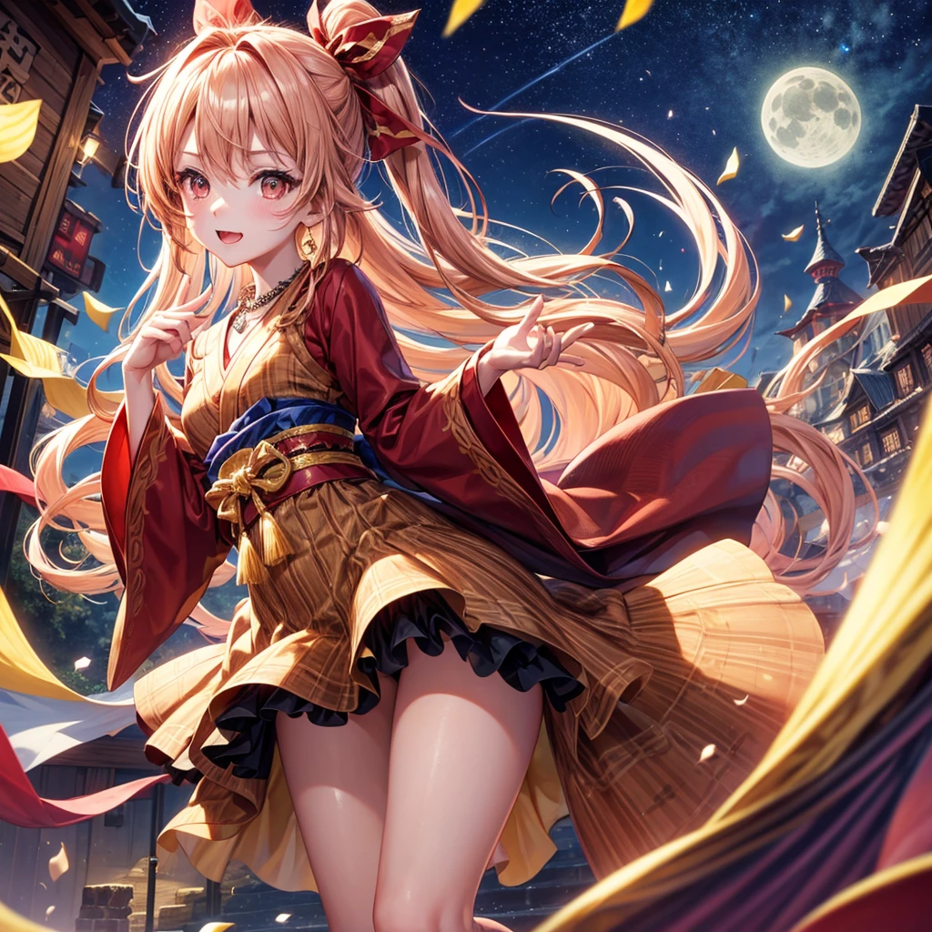 Pink, red, brown, gold, gold hair、Red gold eyes、Hair tied up、One good looking girl、solo、anime、Checkered mini skirt、Ruffles on the skirt、Checked dress、blouse、Kimono、Black knee-high socks、Ribbon、Ribbon on waist、Teeth are visible、Sparkly Necklace、From above、Cobblestones、waterfall、Starry Sky、Midnight Moon、suspension bridge、beam、Standing still、Transparent、Dragon flying、goddess、Edo、Confetti、Kicking