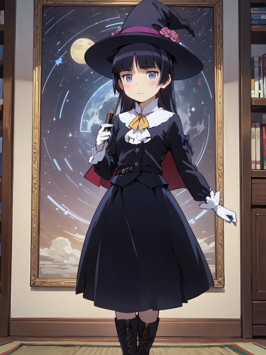 (masterpiece, Highest quality:1.1), (astrologer), 1 Girl, alone, witch hat, gloves, dress, Black Costume、((Long skirt))、Frills, boots, Cape, witch, ((ruri gokou)), Study, star position, Night Sky, Ancient, astronomy book, Astrology Tools, Star, Quill pen, Candles, Soft Light, Warmth