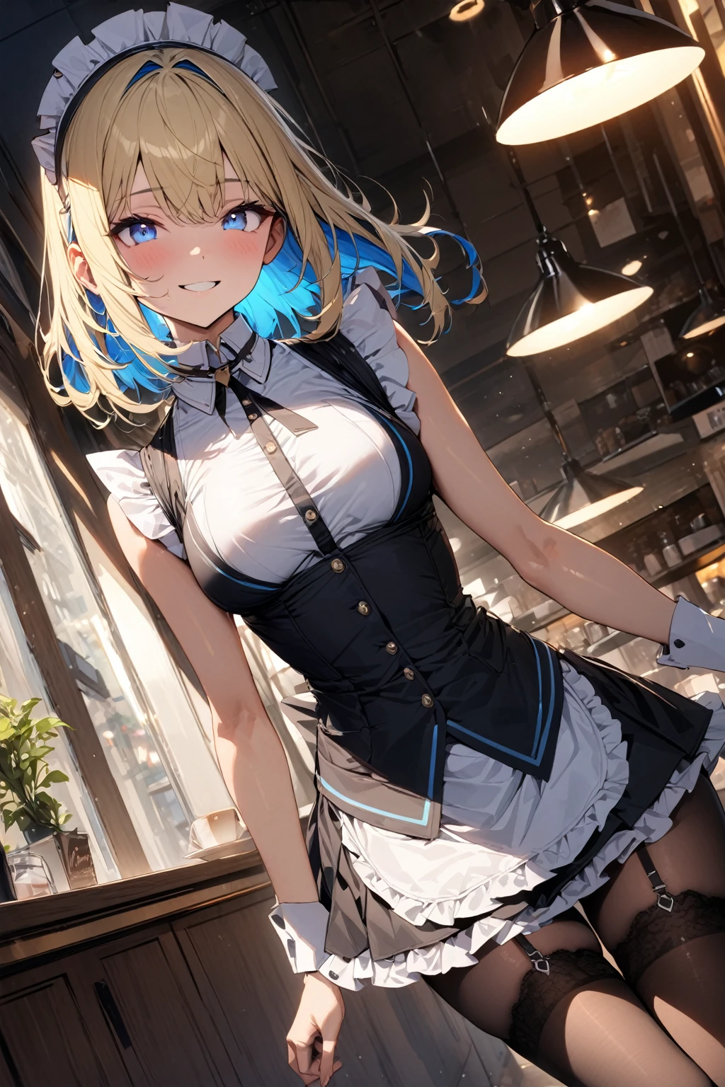 masterpiece, best quality, extremely detailed face, extremely detailed,
sexy girl, solo, blonde hair, (blue inner hair:1.1), medium hair, blue eyes, bright eyes, maid , white high neck collar, sleeveless, mini skirt, garter rings, black tights, playful smile, perfect lighting, best angle, cafe