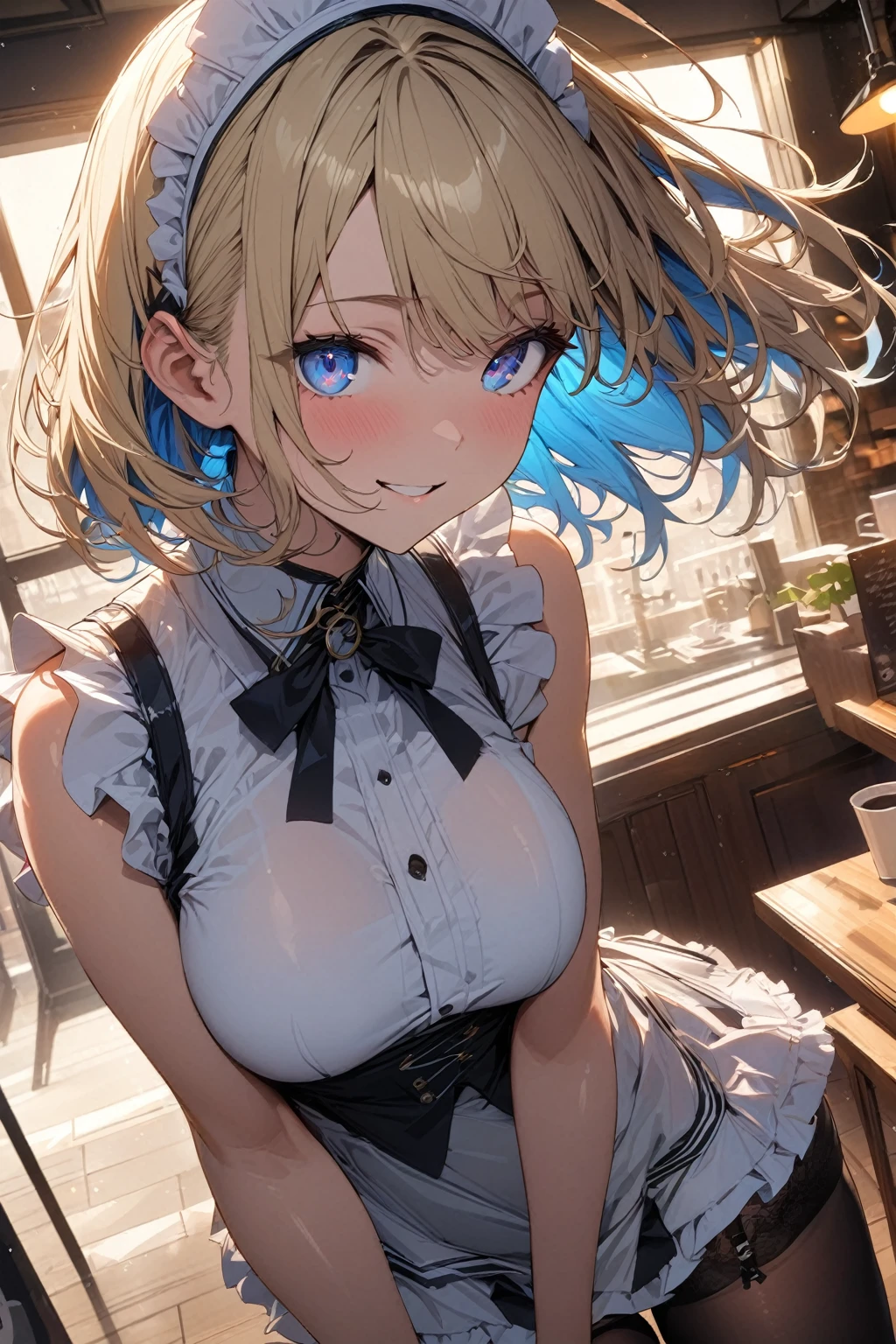 masterpiece, best quality, extremely detailed face, extremely detailed,
sexy girl, solo, blonde hair, (blue inner hair:1.1), medium hair, blue eyes, bright eyes, maid , white high neck collar, sleeveless, mini skirt, garter rings, black tights, playful smile, perfect lighting, best angle, cafe