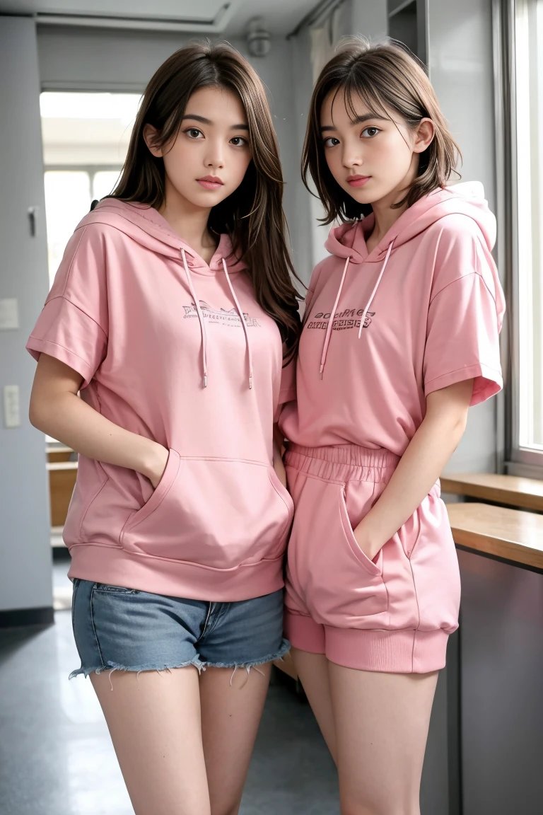 deux femmes ensemble de 18 ans sexy et mince , pink short sleeve hoodie , salle de classe, se touche,position sey,sensuel,visible legs,
