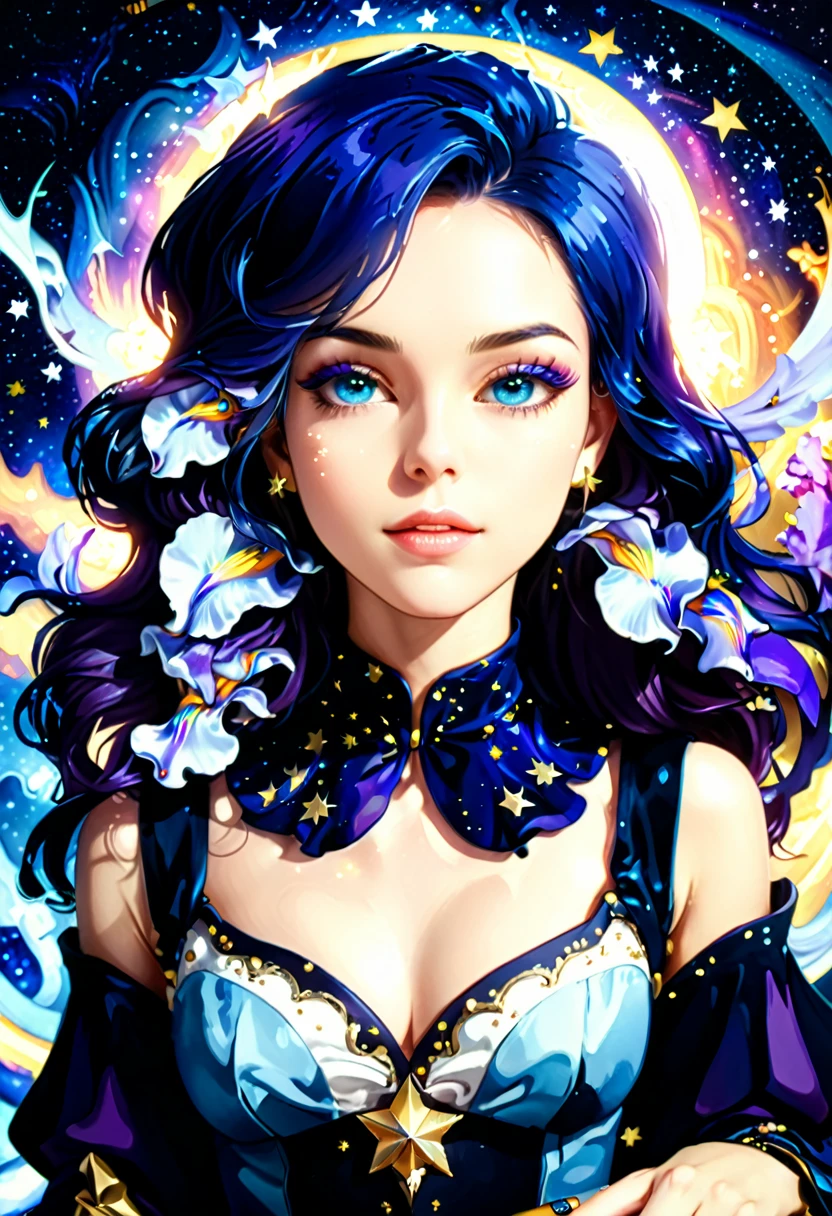 ((a extreme close up: 1.5)) facial picture of an astrologist who divine the future from the stars, an extraordinary beautiful woman, divining the future from the stars, there is magic in her eyes, the (( her irises are colored deep blue with stars in them: 1.5)), dynamic hair color, dynamic hair style, she sits near a table, dynamic clothing, dynamic background, vibrant, Ultra-high resolution, High Contrast, (masterpiece:1.5), highest quality, Best aesthetics), best details, best quality, highres, 16k, [ultra detailed], masterpiece, best quality, (extremely detailed),