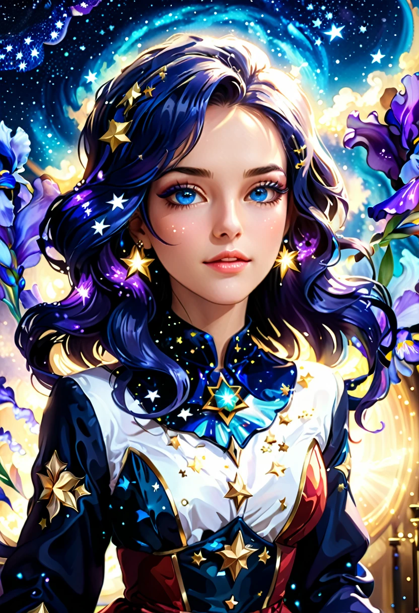 ((a extreme close up: 1.5)) facial picture of an astrologist who divine the future from the stars, an extraordinary beautiful woman, divining the future from the stars, there is magic in her eyes, the (( her irises are colored deep blue with stars in them: 1.5)), dynamic hair color, dynamic hair style, she sits near a table, dynamic clothing, dynamic background, vibrant, Ultra-high resolution, High Contrast, (masterpiece:1.5), highest quality, Best aesthetics), best details, best quality, highres, 16k, [ultra detailed], masterpiece, best quality, (extremely detailed),