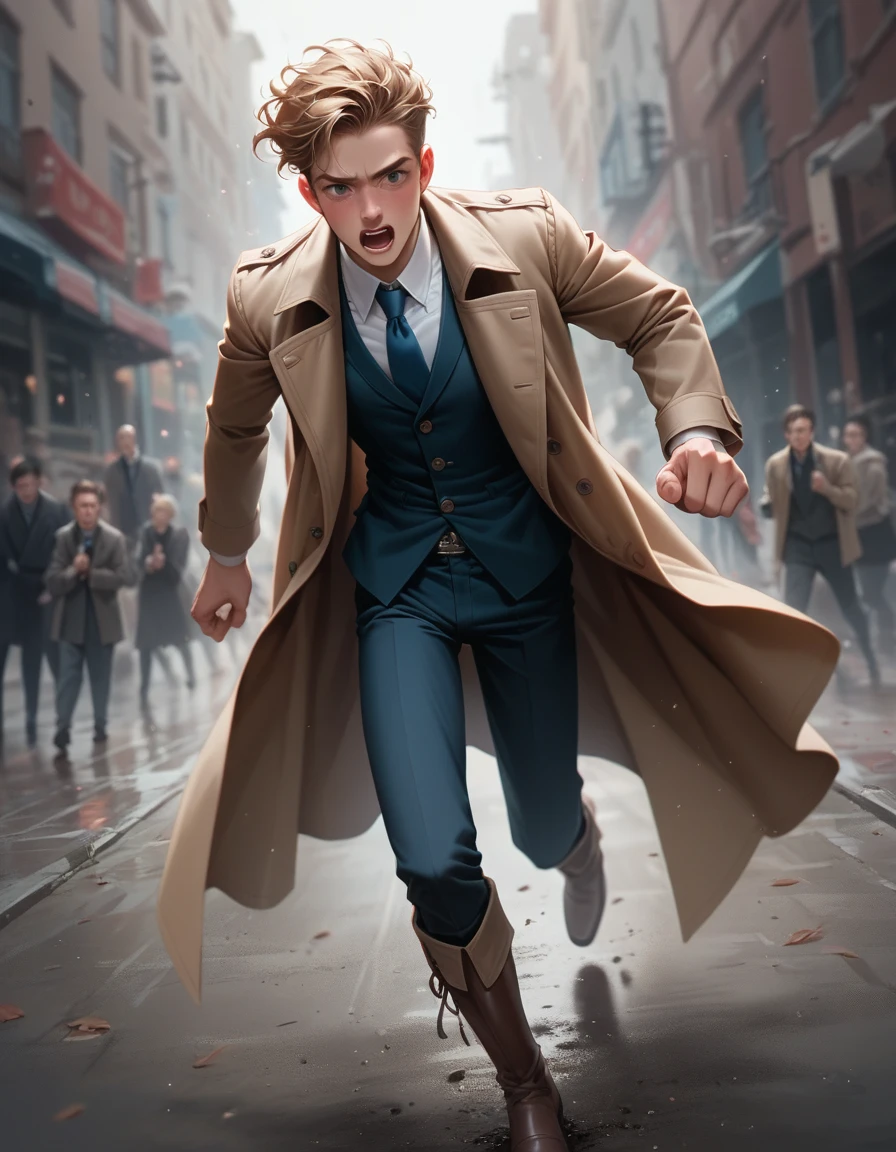 BREAK Perfect ???????、(High resolution:1.2)、Incredible illustrations、(Cute illustrations:1.2)、(dynamic angle,) （Beautiful background（）) 1boy((Fedoras, trench coats, vests, slacks, riding boots),1boy((a gay,slender 1.7meters, 50kg,）Chasing while shouting, running at full speed:1.3