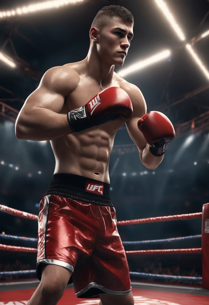(whole body), 20 YEAR OLD MAN, athletics, lush, ufc boxer with HIM gloves, WEARING OVERSIZED T-SHIRT WITH BOXING short, stands in an octagonal fighting ring, sensation of movement,(Intricate details of the high quality machine), cinematic style, absolute sharpness, 8k image.(Masterpiece).3d rendering.