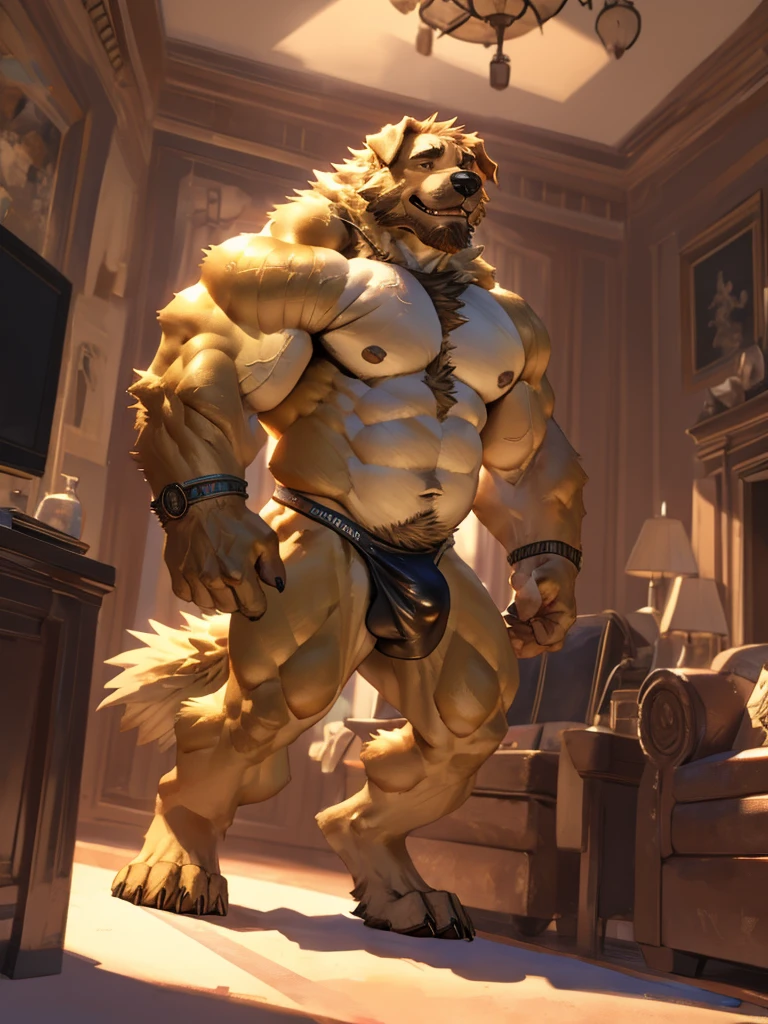 By Taran fiddler, a picture of an adult male, furry canine (golden retriever), golden retriever, dilf, rugged features, stubble beard, slight wrinkles on face, smiling, one man, naked, a naked golden retriever anthro 0showing his dick, cock and balls showing, flaccid penis, knot, completely naked, black jockstrap falling down to his knees, one hand doing thumbs up, winking, facing viewer, plain living room in background, modern living room background, muted lighting, dynamic angle, dynamic posing, extreme close-up, zoomed in on crotch