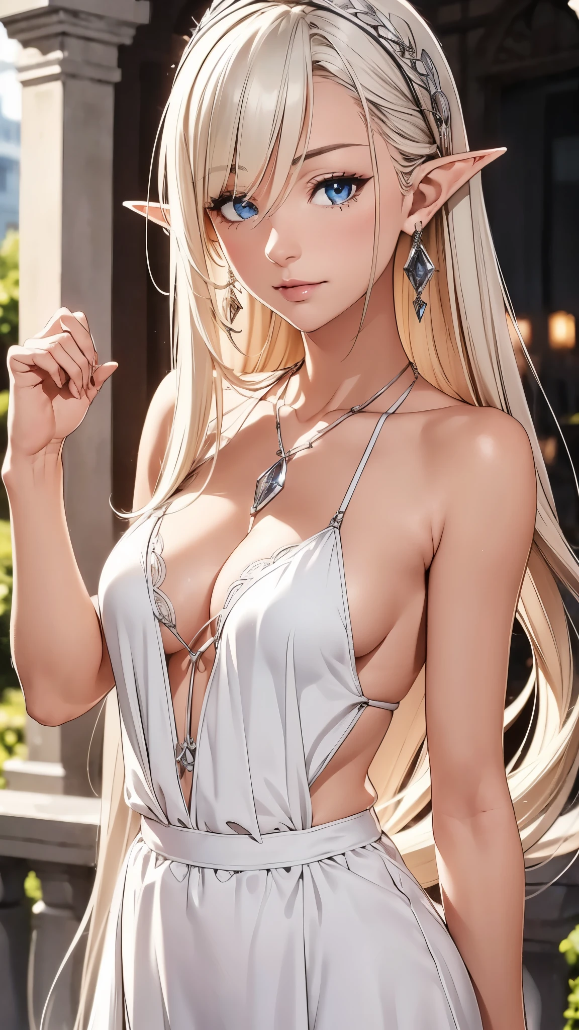 1 woman, Beautiful elf lady, silver white Long straight hair, upturn elf pointy ears, sexy figure, hot body, very beautiful face, detailed face, delicate eyes, detailed pupil, beautiful and delicate lips, blush, shy, heart, in love, light smile, white camisole long skirt, Simple and stylish, small crystal earrings, hand drawn animation, high detailed, outdoor, symmetrical clothes, best quality, masterpiece, retina,