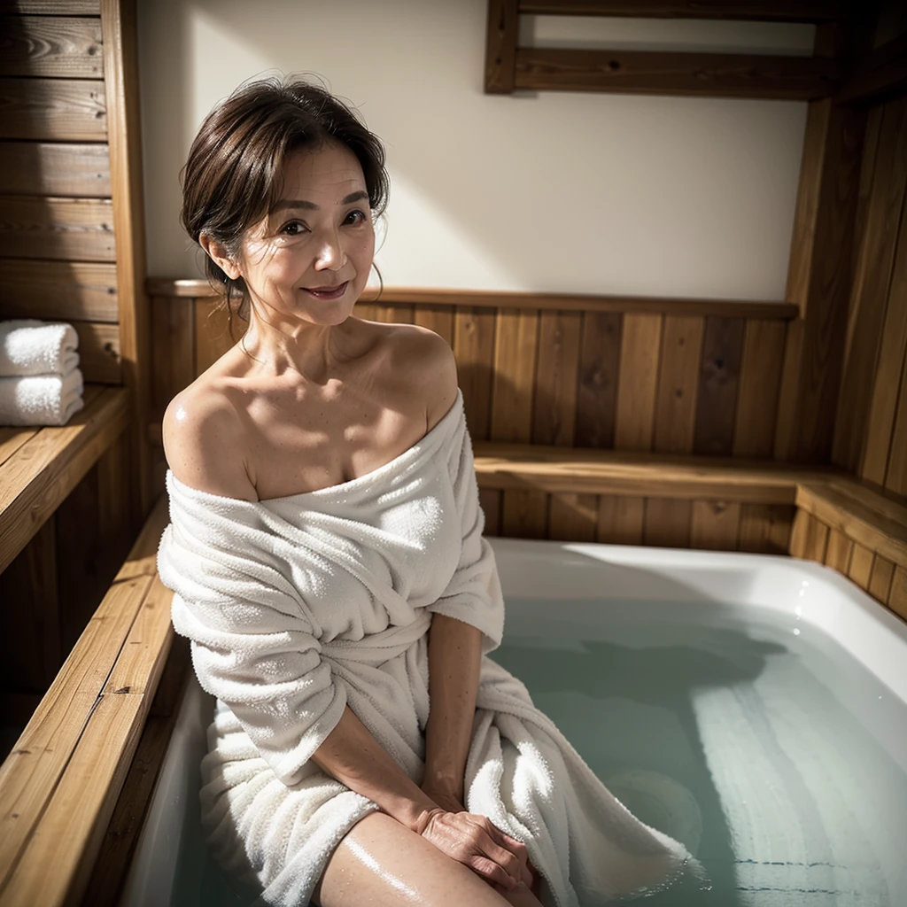 (masterpiece:1.4),(60-year-old woman:1.5),(facial wrinkles :1.2),gentle smile, (mid-length hair : 1.1), (wearing only white towel), (off-shoulder), soaking in a hot springs, soaking in a wooden bathtub, traditional japanese scene, detailed background, beautiful scenery, outside