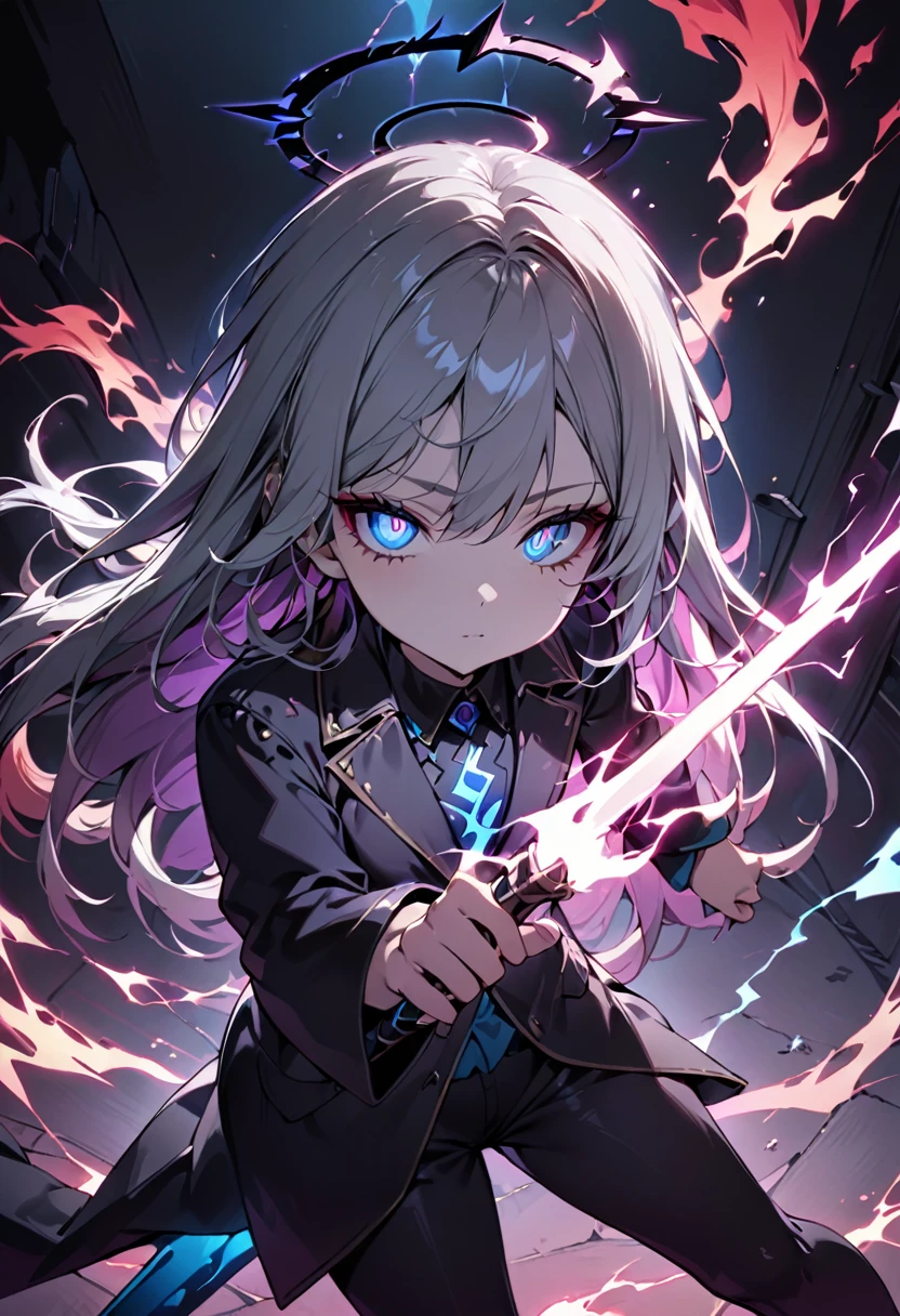 elementary, Shadow Surrounding Girl, lightning, Green Aura, Red aura, Purple aura, Flames surrounding the girl, masterpiece, Dark Theme, Highest quality, Maximum details, Very fine eye, Professional coloring, cinematic lightning, Remaining, Written boundary depth, Backlight, One Girl, Young girl, Silver Hair, Long Hair, Black glowing halo, Shining blue sea, Blue Flame, Fantasy style costumes, Black long coat, shirt, Black trousers, Wielding a thin black long sword in one hand, Expressionless, Purple left eye and blue right eye, Odd Eye, Glowing Eyes