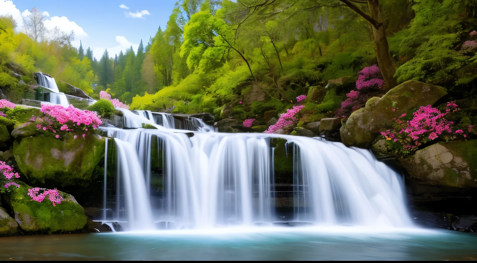 a painting of a cascade with pink flowers and green leaves on the winter with snow white, flowers and cascades, peaceful beau cascade, beau wallpaper, beau stunning cascade, very beau photo, fond d'écran incroyable, beau cascade, cascade background, pink cascades, fond d'écran HD, beaux arrière-plans, cascade(beau, fond d'écran naturel, stunning cascade, fond incroyable, fond d'écran nature animé, beau nature, with trees and cascades